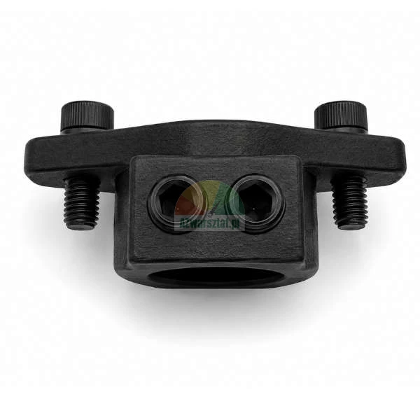 Black metal mounting bracket with four Allen screws, isolated on a white background.