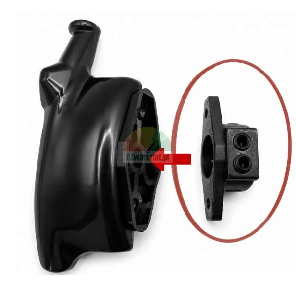 Assembly diagram of a black handle and its mounting bracket highlighted by a red circle and arrow