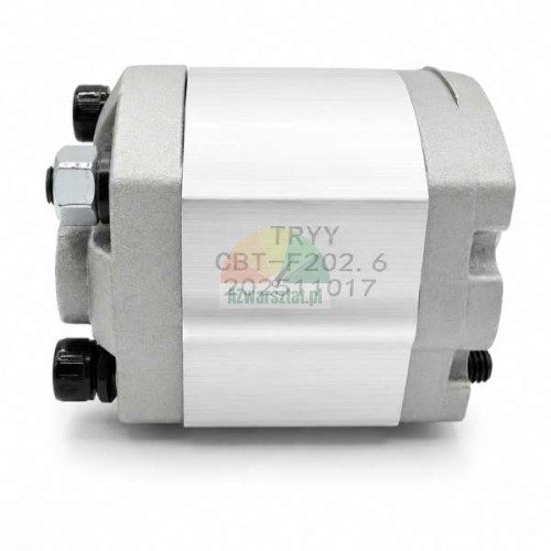 TRYY CBT-F202.6 hydraulic gear pump, side view showing the model number engraved on the aluminum body.