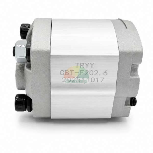 TRYY CBT-F202.6 hydraulic gear pump, side view showing the model number engraved on the aluminum body.