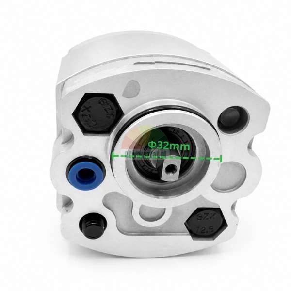 Metal hydraulic pump component showing a 32 mm mounting diameter measurement, blue connector, and central shaft.