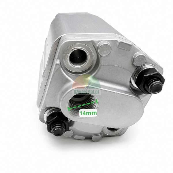 Close-up of a silver hydraulic pump with a green measurement indicator showing a 14mm thread diameter.