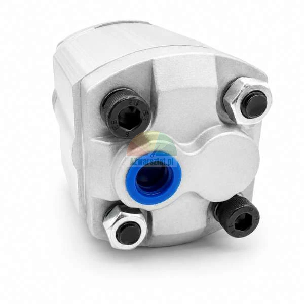 Close-up of a silver hydraulic gear pump showing a port with a blue plastic protective plug and mounting bolts on a white background.