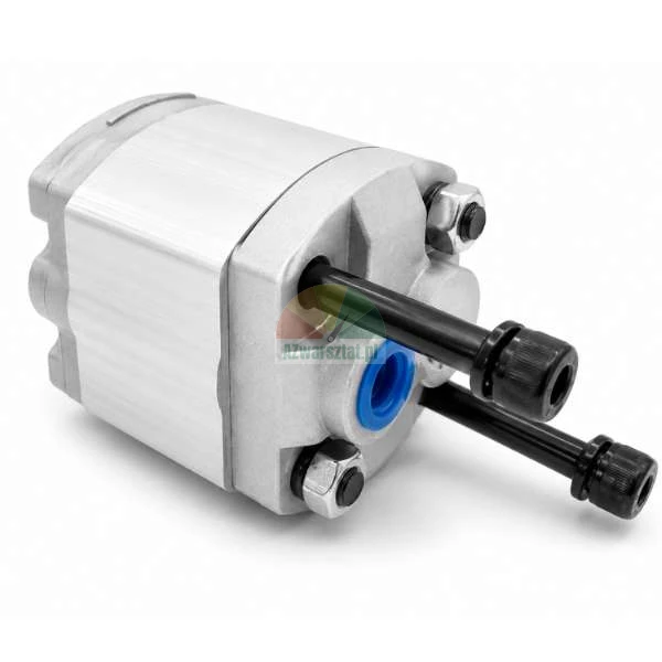 Aluminum hydraulic gear pump on a white background, featuring mounting studs and a blue port plug.