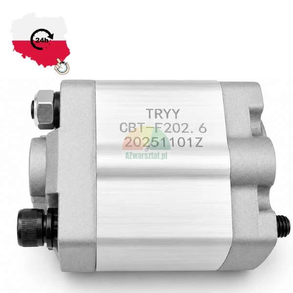Aluminum hydraulic gear pump with TRYY CBT-F202.6 engraving on a white background. In the upper left corner, there is a graphic showing the map of Poland and a 24h shipping symbol.