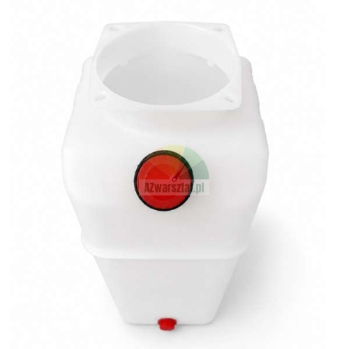 White plastic 11-liter hydraulic oil reservoir with a red cap, top view.