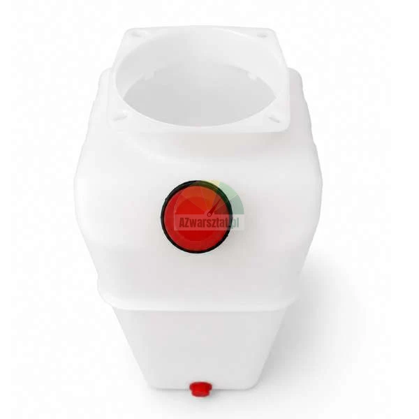White plastic 11-liter hydraulic oil reservoir with a red cap, top view.