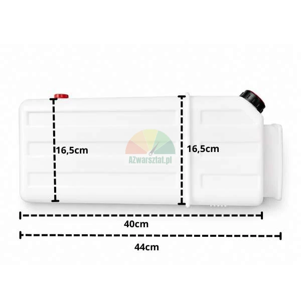 White plastic tank with indicated dimensions: height 16.5 cm, body length 40 cm, total length 44 cm. The tank has two caps - red and black.