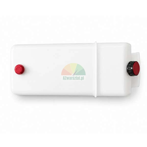 Rectangular white plastic fluid reservoir tank with two red caps on a white background.