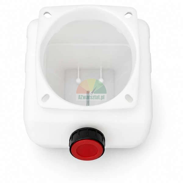 Top view of a white plastic tank with a large circular opening and a black cap with a red top.