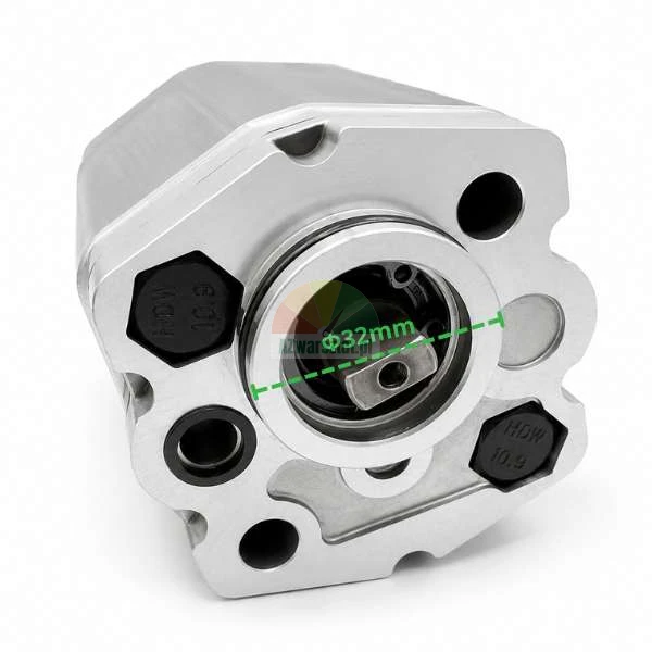 Silver hydraulic pump, front view of the mounting flange with a diameter of 32 mm indicated by a green dashed line.