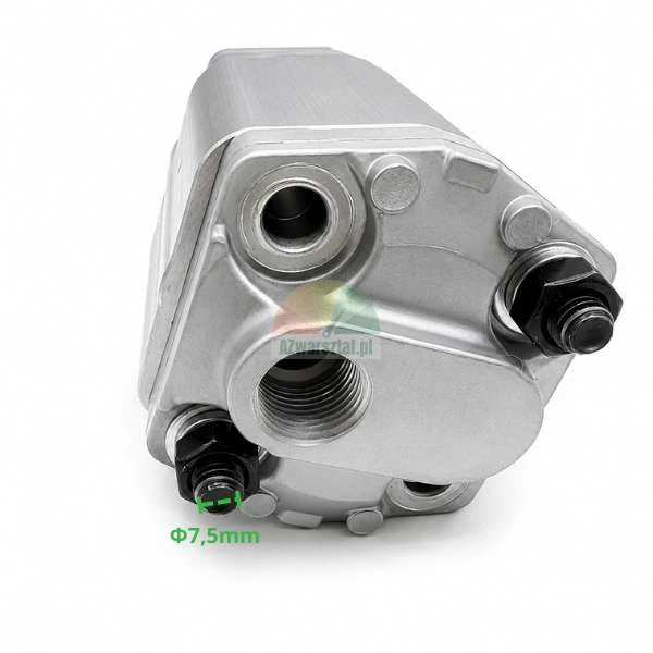 Aluminum hydraulic pump, rear view showing threaded ports and mounting bolts with a diameter of 7.5 mm