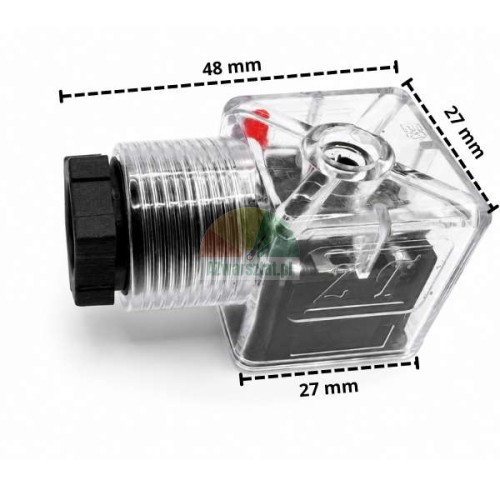 Transparent solenoid valve connector plug AC230V with dimensions 48 mm by 27 mm.