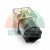 Transparent solenoid valve connector with a black cable gland nut, isolated on a white background.