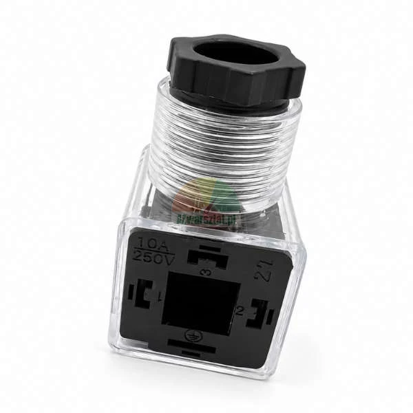 Transparent solenoid valve connector plug DIN 43650 Form A rated 10A 250V with a black cable gland on a white background.