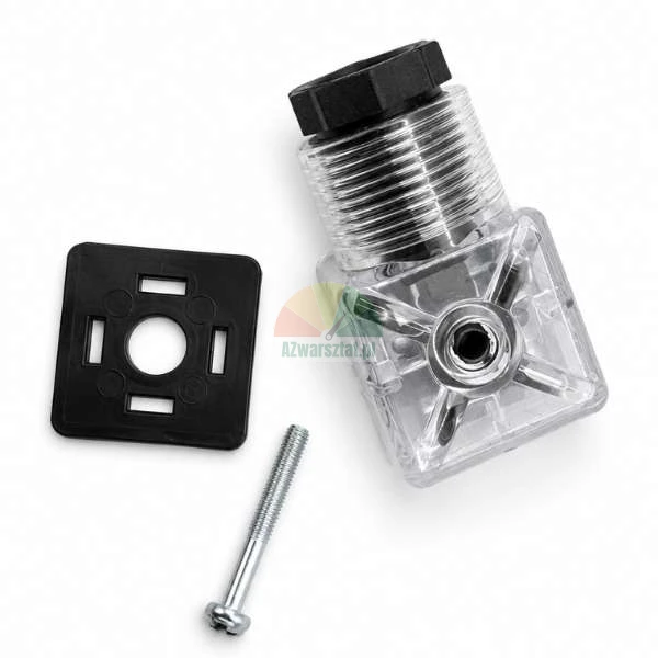 Transparent solenoid valve connector DIN 43650 Form A with a black rubber gasket and a mounting screw on a white background.