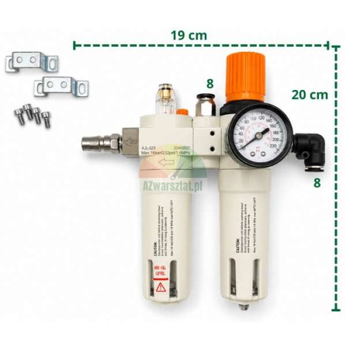 Complete compressed air service unit Type E with pressure gauge and mounting accessories, dimensions 19x20 cm