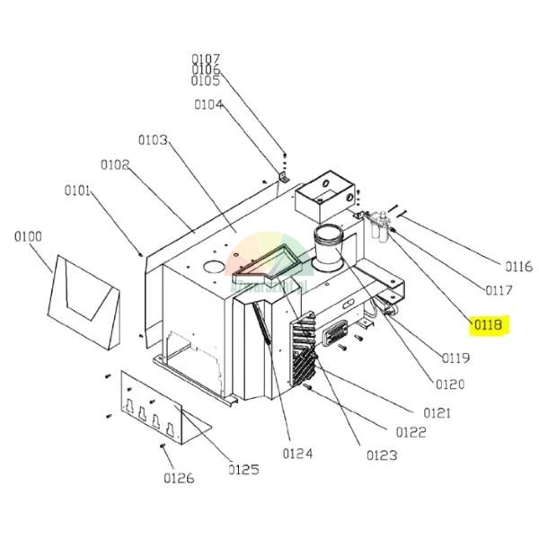 Technical exploded view diagram showing the assembly of a heating device with numbered components, with part number 0118 highlighted in yellow.