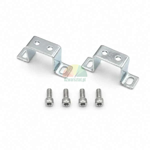 Two metal U-shaped mounting brackets with four hex socket screws on a light background.