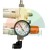 Pneumatic air filter regulator unit with pressure gauge showing psi and bar, featuring a white body and orange adjustment knob.