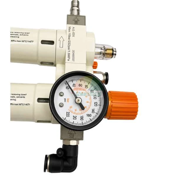 Pneumatic air filter regulator unit with pressure gauge showing psi and bar, featuring a white body and orange adjustment knob.