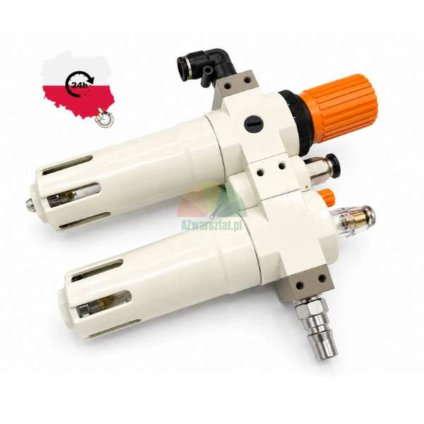 Compressed air preparation unit with filter, regulator, and lubricator, featuring an orange adjustment knob on a white background.