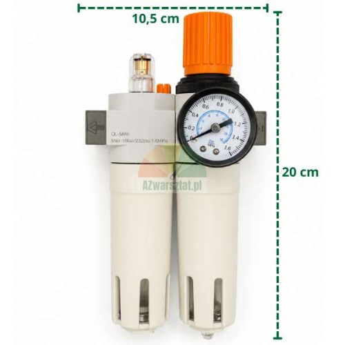 Compressed air service unit Type A with pressure gauge and filter, dimensions 10.5 x 20 cm