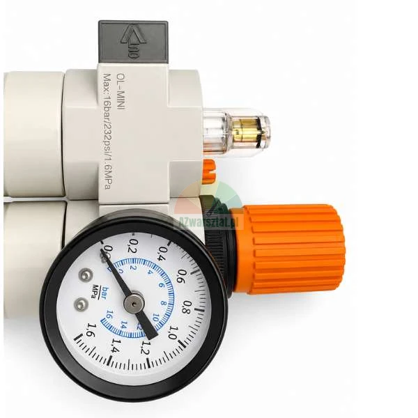 Pneumatic pressure regulator with a pressure gauge and an orange adjustment knob.