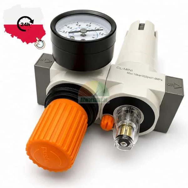 Pneumatic air preparation unit OL-MINI with a pressure regulator, gauge, lubricator, and an orange adjustment knob.