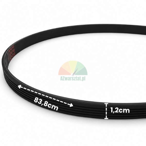 Black ribbed belt for wheel balancer, 83.8 cm long and 1.2 cm wide with marked dimensions.