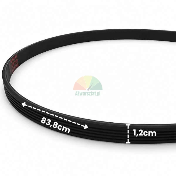Black ribbed belt for wheel balancer, 83.8 cm long and 1.2 cm wide with marked dimensions.