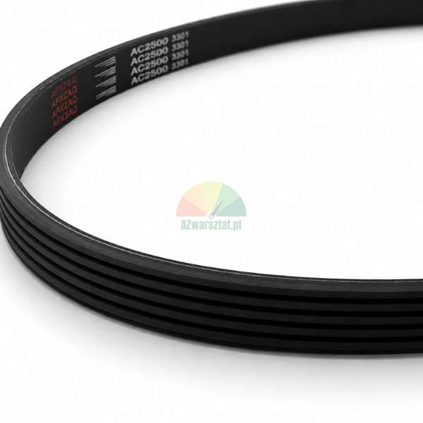 Black ribbed serpentine belt with white and red markings AC2500 3301 on a white background