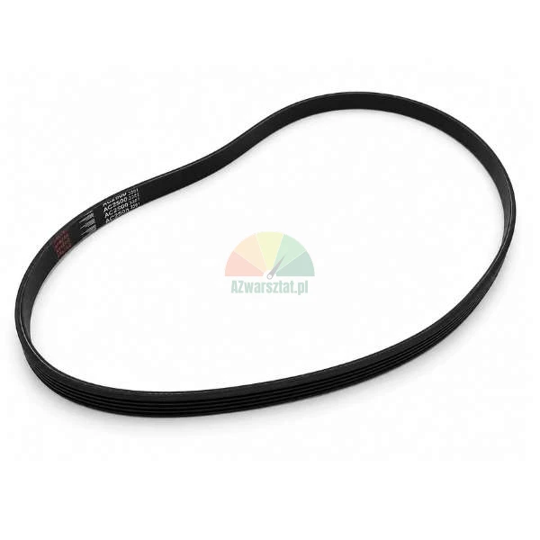 Black rubber serpentine belt with multiple ribs shown on a plain white background