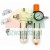 Complete compressed air service unit DFC2000-F-X with filter, pressure regulator, pressure gauge, lubricator, and mounting accessories.