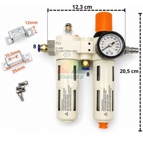 Complete compressed air service unit DFC2000-F-X with pressure gauge and mounting accessories, dimensions 12.3 by 20.5 cm.
