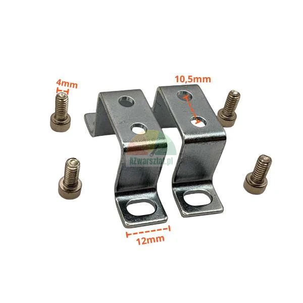 Two metal Z-brackets with dimensions showing 10.5mm hole spacing and 12mm width, accompanied by four 4mm mounting screws on a white background.