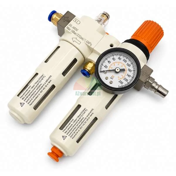 Pneumatic air filter regulator and lubricator unit DL-MINI with a pressure gauge, orange adjustment knob, and blue quick connectors on a white background.
