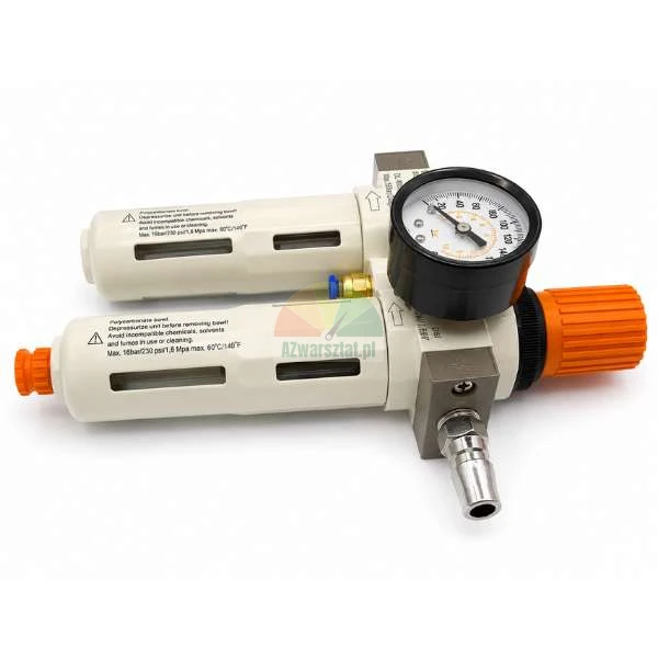 Compressed air preparation unit featuring a filter and pressure regulator with a pressure gauge and an orange adjustment knob.