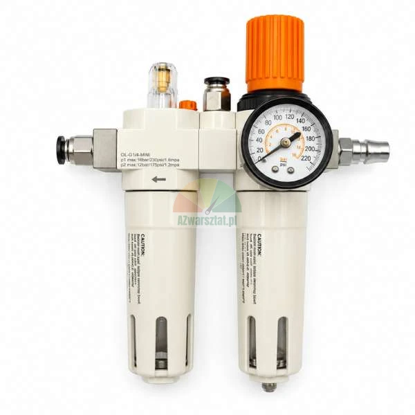Complete compressed air service unit Type D with pressure regulator, gauge, and lubricator on a white background.