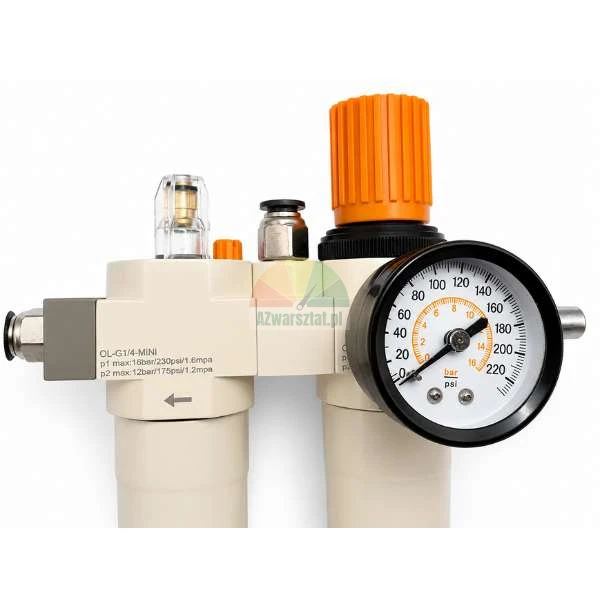 Air filter regulator and lubricator unit with a pressure gauge and orange adjustment knob, model OL-G1/4-MINI, on a white background.