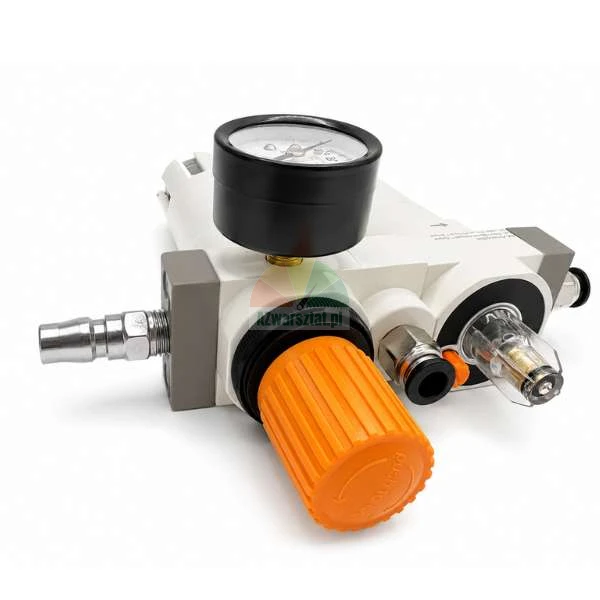 Air pressure regulator with a pressure gauge and an orange adjustment knob on a white background.