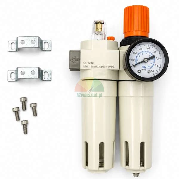 Compressed air preparation unit OL-MINI featuring a pressure regulator, manometer gauge, lubricator, and mounting accessories with brackets and screws on a white background