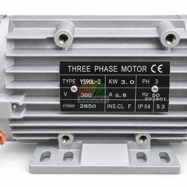 Nameplate of a three-phase electric motor YS90L-2 with 3.0 kW power on a ribbed aluminum housing