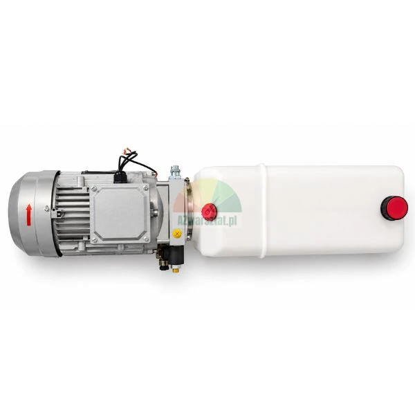 Hydraulic power unit with electric motor and white oil tank on white background