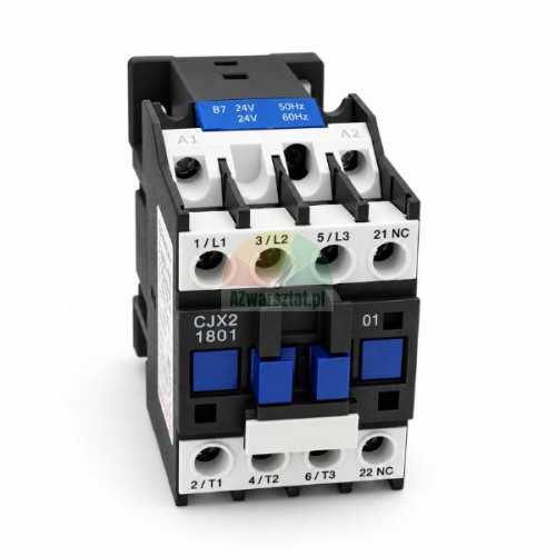 Three-phase motor contactor CJX2 1801 24V AC with visible screw terminals isolated on a white background.