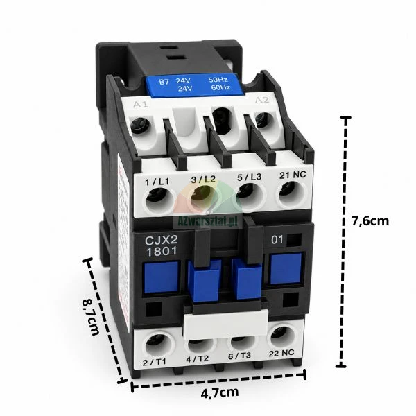 CJX2 1801 24V AC motor contactor with dimensions 7.6 x 8.7 x 4.7 cm on white background