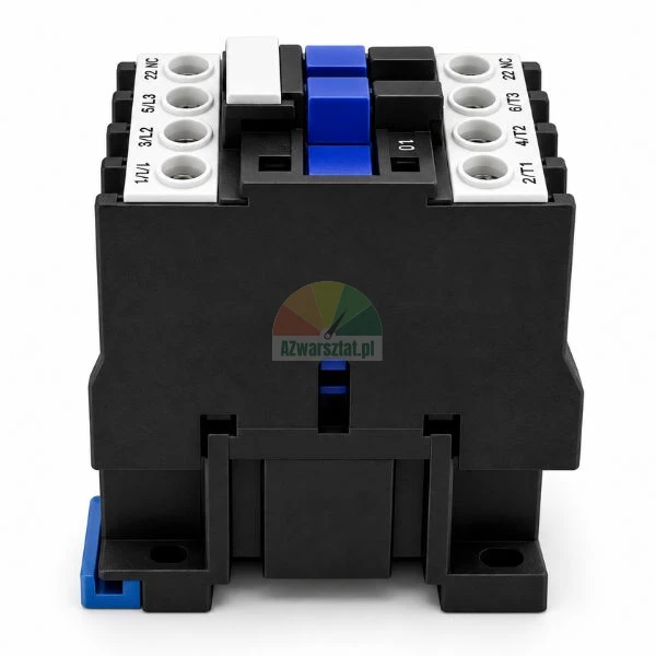 Modular industrial power contactor with screw terminals and manual blue actuator on white background.