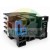 Bottom view of a black industrial contactor with a blue DIN rail mounting clip and spring mechanism.
