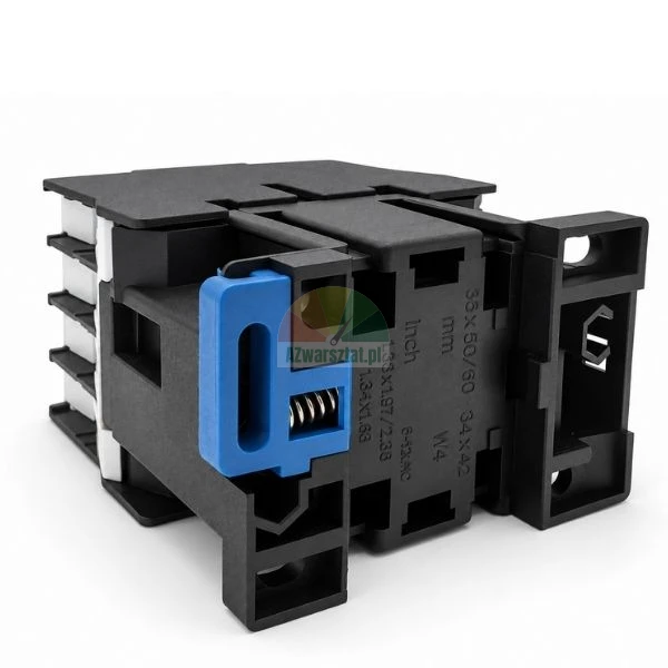 Bottom view of a black industrial contactor with a blue DIN rail mounting clip and spring mechanism.