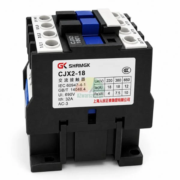 Three-phase AC contactor model CJX2-18 in black casing with technical specification label and screw terminals on white background.